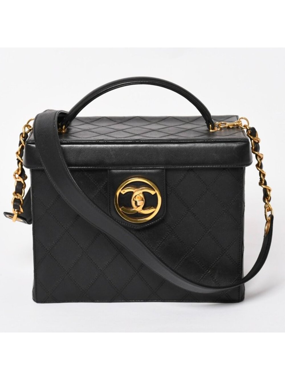 Chanel Bicolor Vanity Bag Handbag CC Logo Lambskin Black Gold